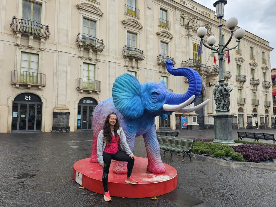 Statut d'éléphant bleu et rouge devant un bâtiment universitaire a