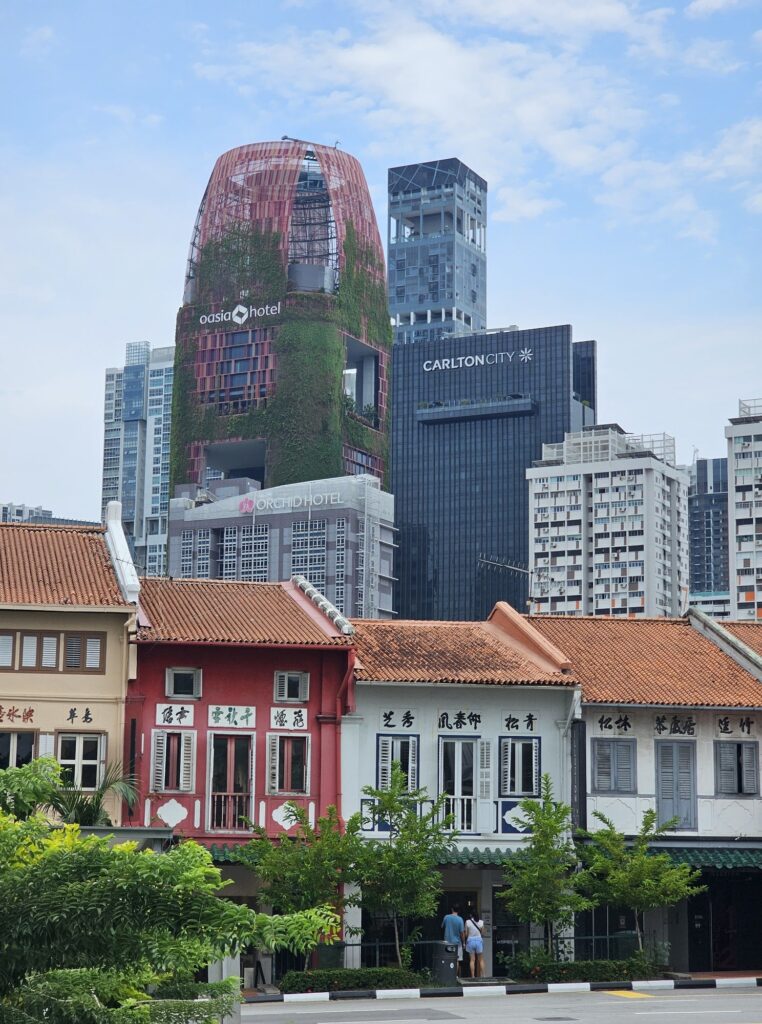 Paradoxe de la ville de Singapour, entre bâtiment modernes et végétaux et petites maisons traditionnelles, aperçue lors de mon passage en voyage en Asie