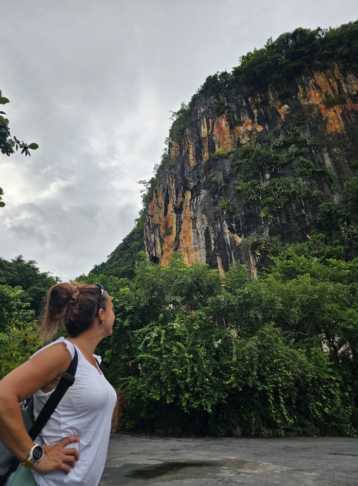 Moi qui regarde le sommet de la montagne de marbre à Danang