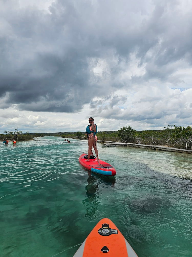 Je suis sur ma planche à pagaie dans le canal de Los Rapidos et je remonte le courant #bacalar
